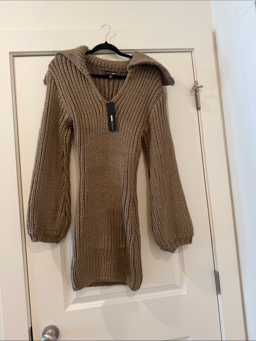 Bardot Ribbed Hooded Sweater Dress in Taupe